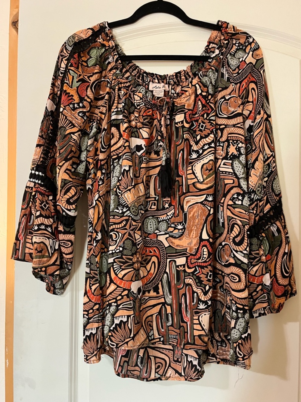 Western Boho Printed Tiered Pants & Top Set NEW. Unique Lattice Sheer Panels FUN - Picture 5 of 13